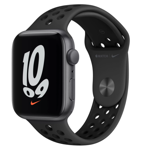 Apple Watch Nike SE, 44 мм, корпус из алюминия цвета «серый космос» спортивный ремешок Nike цвета «антрацитовый/чёрный»