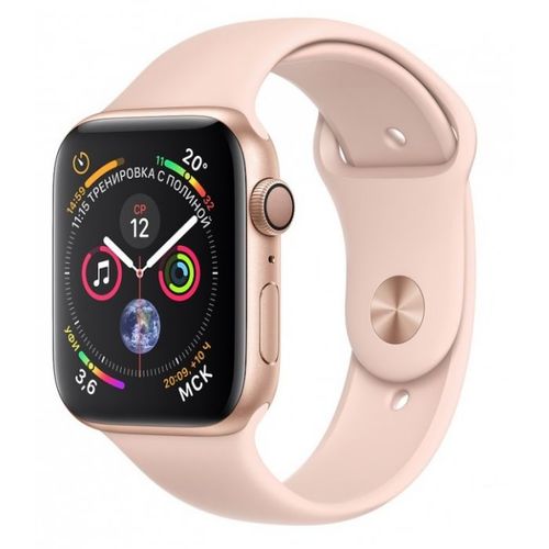 Apple Watch Series 4, 44 мм, корпус из золотистого алюминия, спортивный ремешок цвета «розовый песок» (золотистый)